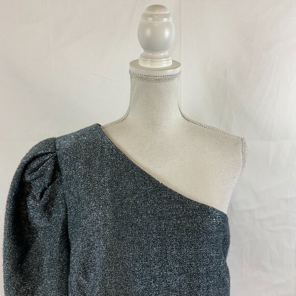 Happy Nature One Shoulder Dress XL Gray Blue Sparkle Metallic Long Sleeve Lined - Picture 2 of 12